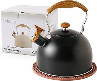 LONFFERY Tea Kettle for Stove Top, 2.5 Quart Whistling Tea Kettle, with Food Grade Stainless Steel and Wood Pattern Folding Handle, Black