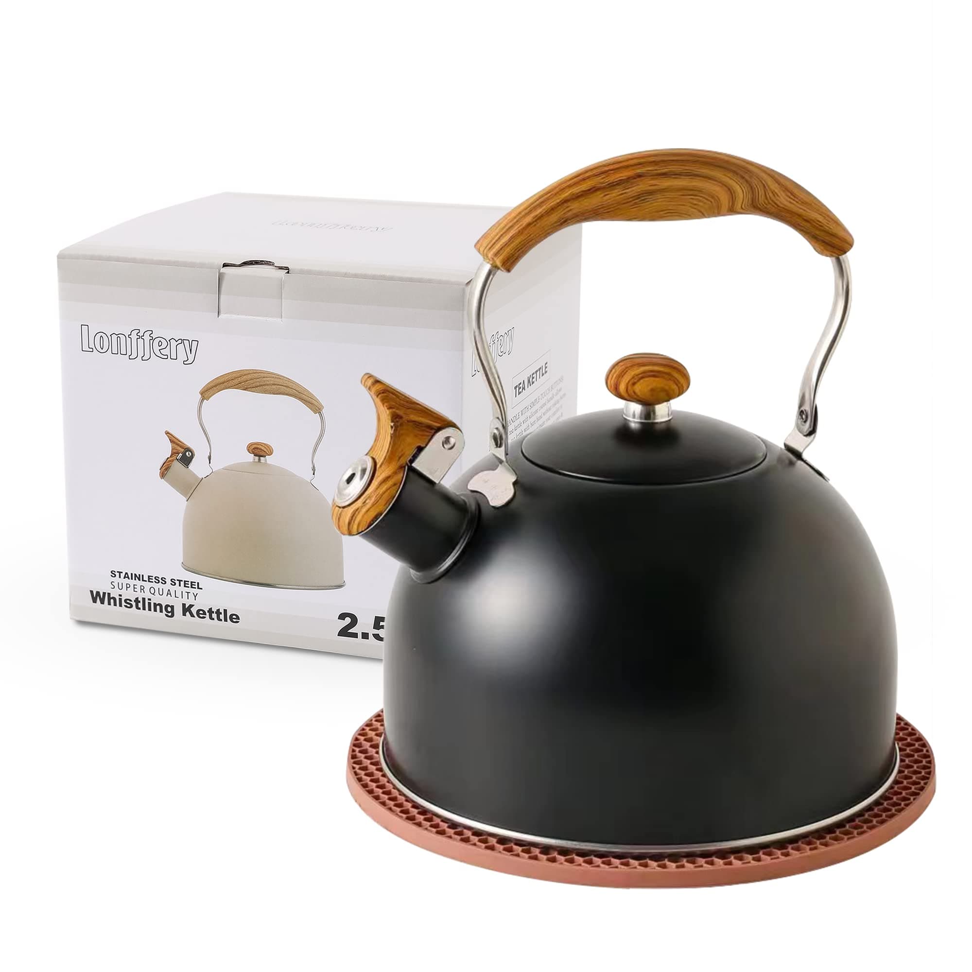 LONFFERY Tea Kettle for Stove Top, 2.5 Quart Whistling Tea Kettle, with Food Grade Stainless Steel and Wood Pattern Folding Handle, Black