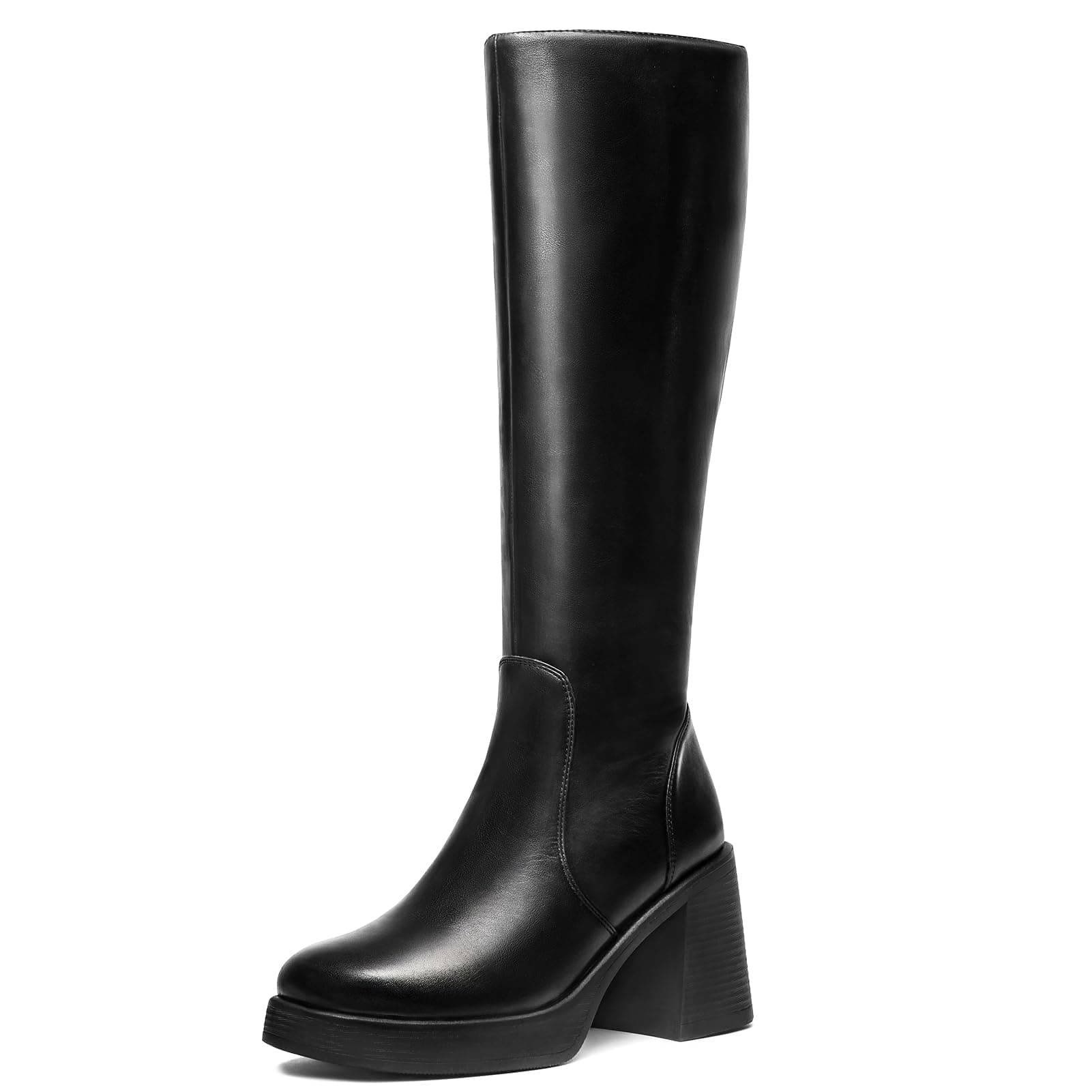 Black Knee High Boots for Women - Platform Tall Boots Square Toe Chunky Block Heeled Gogo Boots B 12