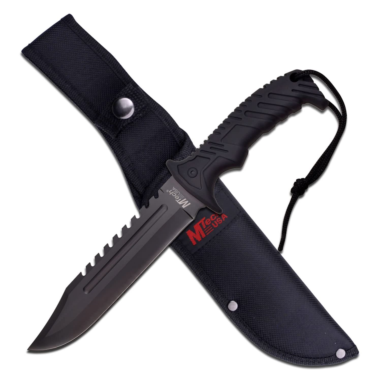 MT-20-57BK Fixed Blade Hunting Knife, Black Blade, Black Rubberized Handle, 12.5-Inch Overall