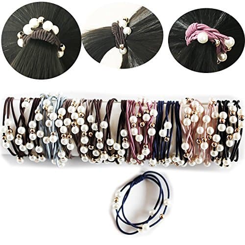 Flowerfox Ponytail holders No Damage Ponytail Bands Assorted Hair Elastics Ties (Mixed Colors Bead-24pcs)