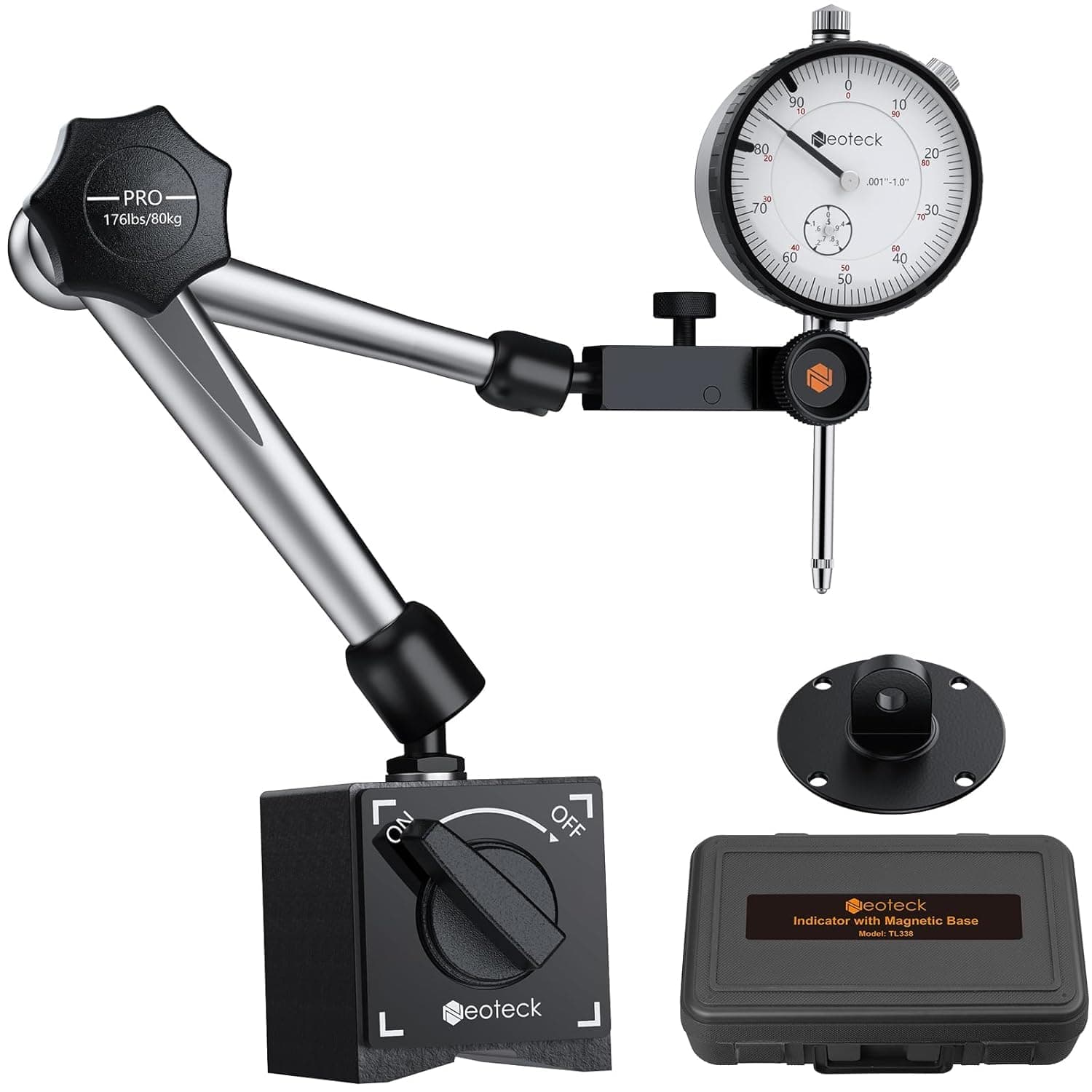 Neoteck 0-1 Inch Dial Indicator with Magnetic Base Holder, Storage Case, Graduation 0.001",176lbs (80kg) Max Pull, for 3D Printer Lathe Workshop Woodworking CNC Machine-Silver