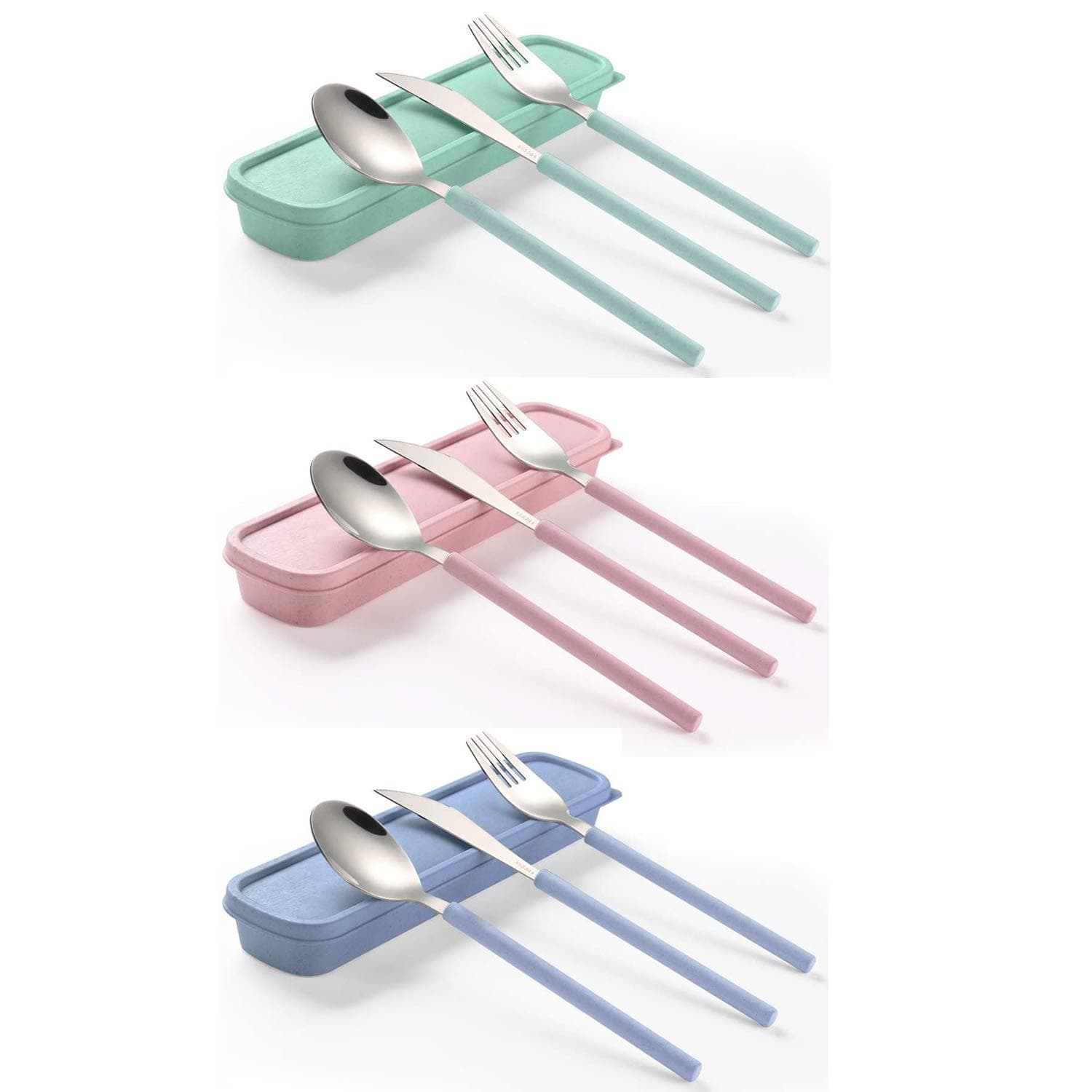 Portable Home Utensils Reusable Flatware Set with Case, Stainless Steel Metal Travel Cutlery Lunch Tableware 3 Fork 3 Spoon 3 Knife with Colored Handle(Fork Spoon Knife 3 sets, Green+Pink+Blue)