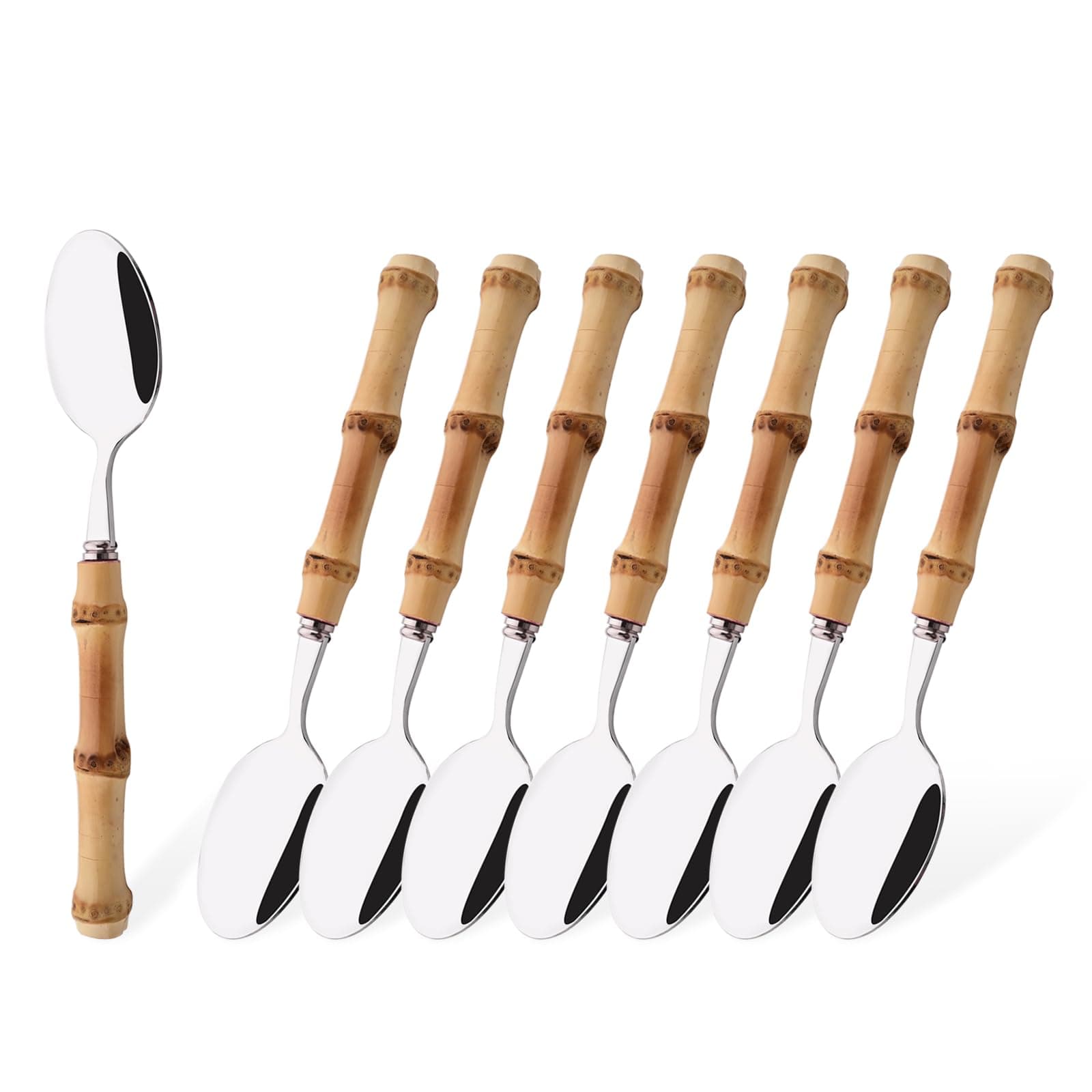 Dessert Spoon Set with Bamboo Handle, 8-Piece Stainless Steel Shiny Silver Dessert Spoon, Natural Bamboo Cutlery, Creative Design Small Spoons for Home Restaurant, 6.65 inch, Handcrafted
