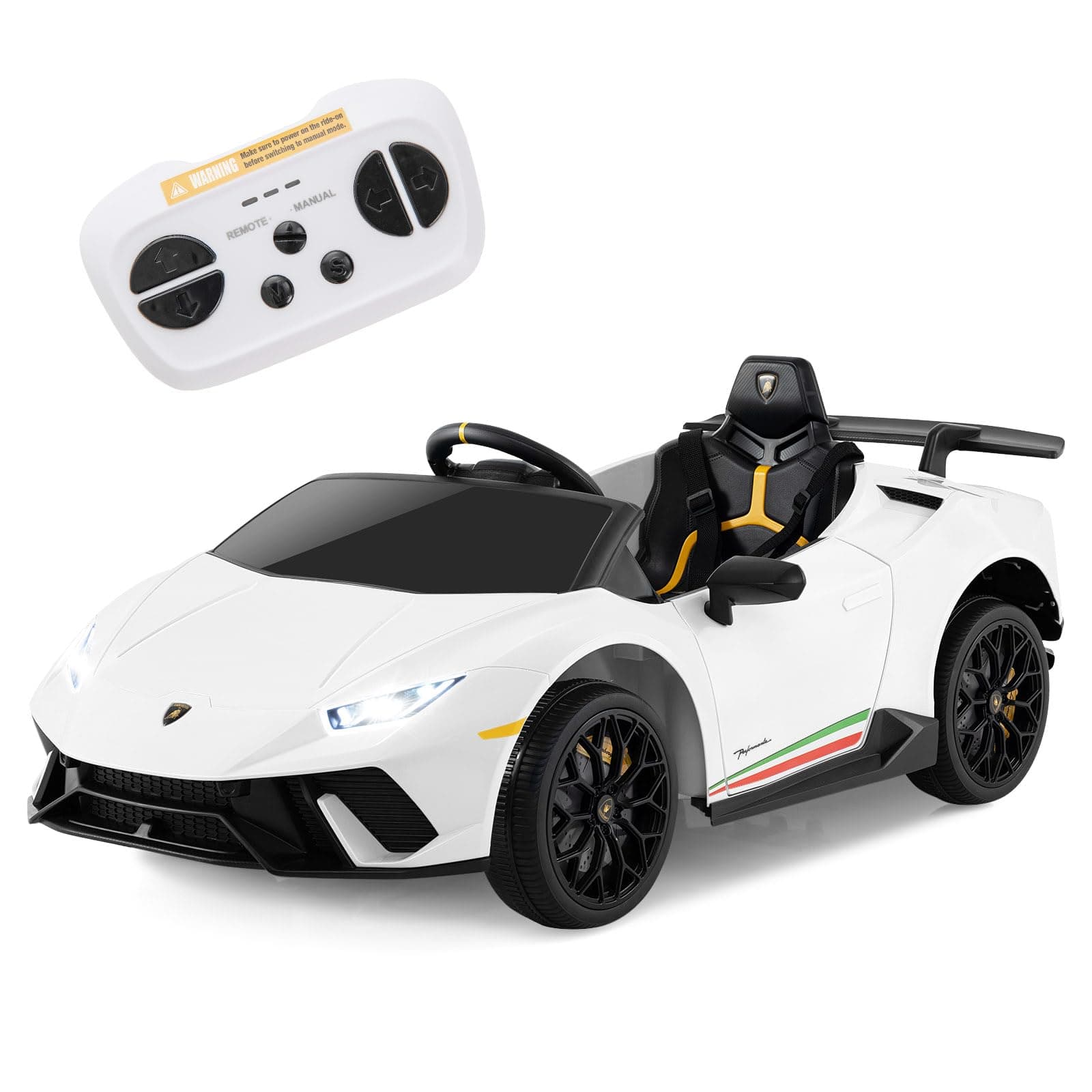 12V Kids Electric Ride on Car with Remote Control, LED Lights, MP3, Music, Horn, Soft Start & Spring Shock Absorbers, Licensed Lamborghini Battery Powered Toy Vehicle for Boys Girls (White)