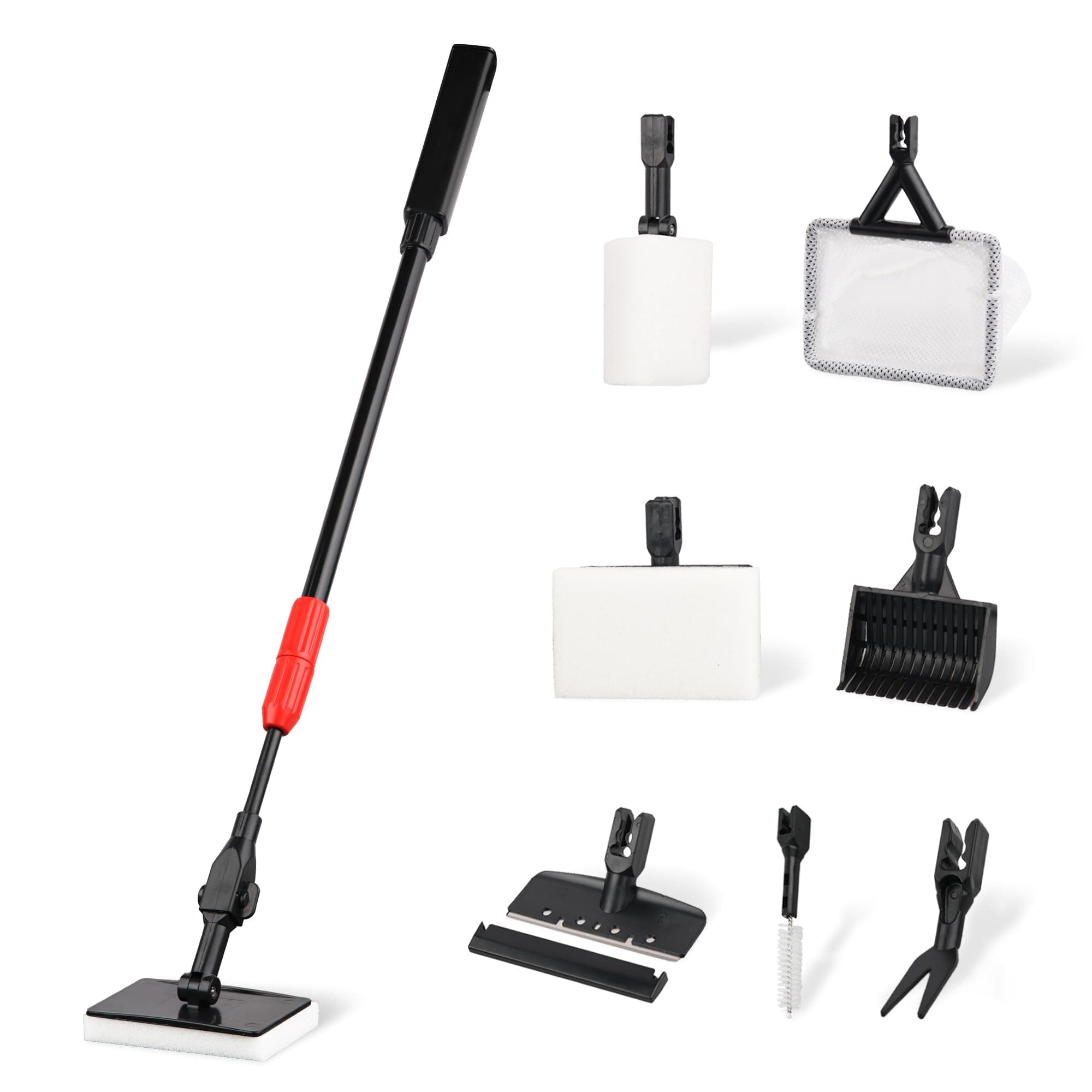 Aquarium Cleaning Tools 7 in 1 - Fish Tank Cleaning Kit with Algae Scraper, Scrubber Pad, Adjustable Telescopic Long Handle, Fish Net, Gravel Rake, Fork & Brush - Saltwater & Freshwater Tank