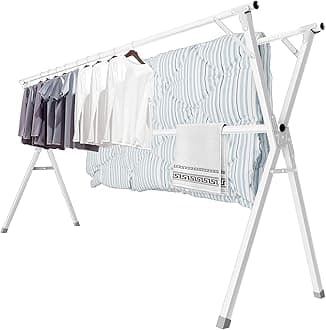 95 Inches Clothes Drying Rack, Drying Rack Clothing Folding Indoor Outdoor, Heavy Duty Stainless Steel Laundry Drying Rack, Foldable Portable Clothes Rack Garment Rack with 20 Hooks White
