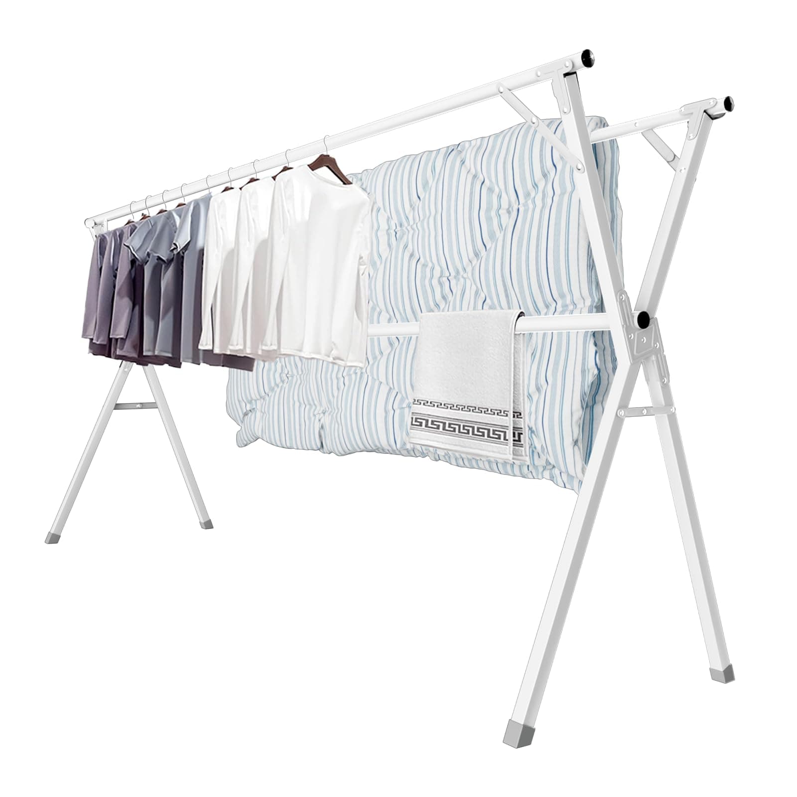 JAUREE 95 Inches Clothes Drying Rack, Drying Rack Clothing Folding Indoor Outdoor, Heavy Duty Stainless Steel Laundry Drying Rack, Foldable Portable Clothes Rack Garment Rack with 20 Hooks White