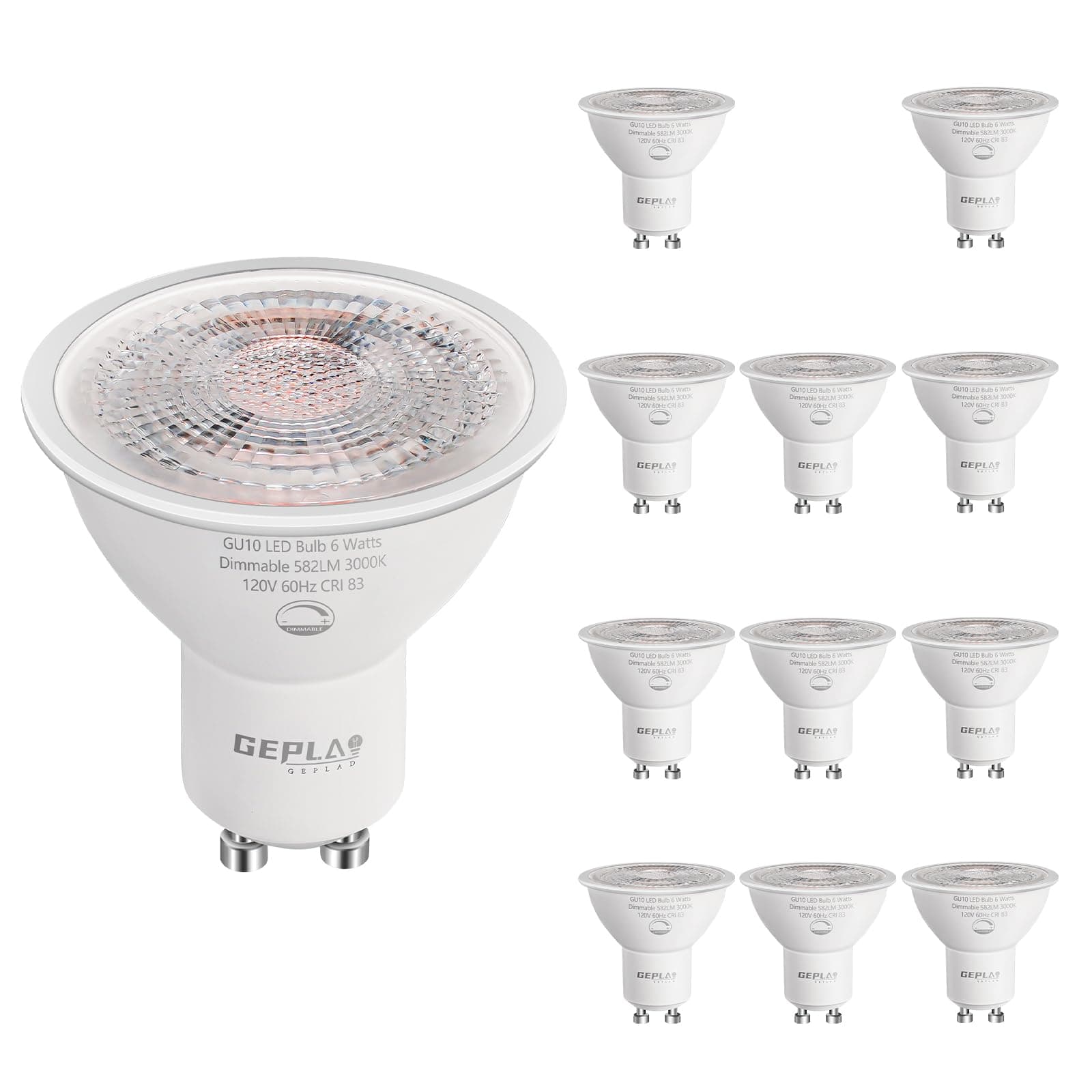 12-Pack GU10 LED Bulbs 6W, Dimmable, 3000K Soft White 582LM, Replacement 50W Halogen Light Bulb for Spotlight Track&Recessed Lighting,No Flickers