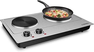 1800W Double Hot Plate, Stainless Steel Silver Countertop Burner Portable Electric Double Burners Electric Cast Iron Hot Plates Cooktop, Easy to Clean, Upgraded Version C180N