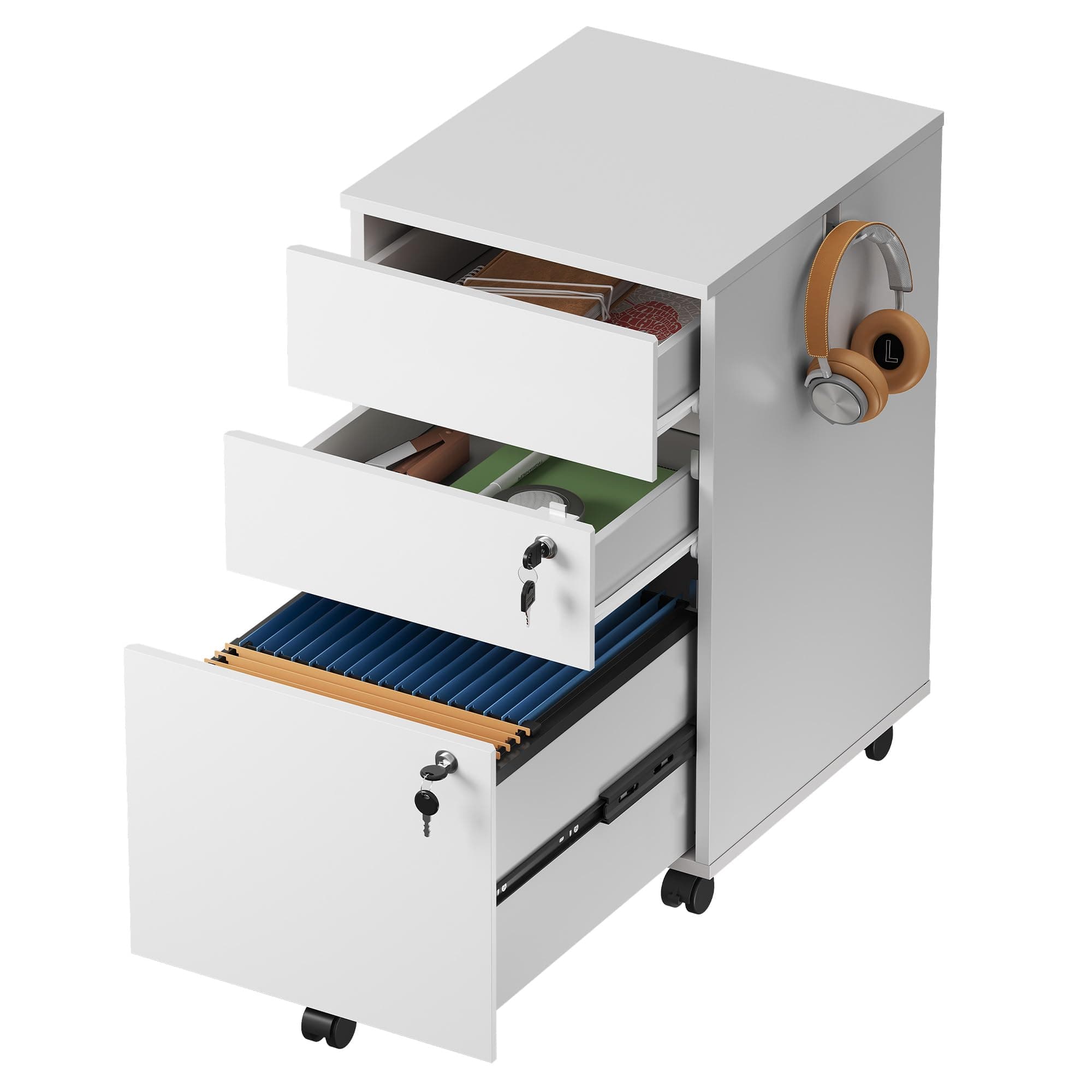 DEVAISE 3 Drawer Mobile File Cabinet with Lock, White Wood Rolling Filing Cabinet for Under Desk, Fits Letter/Legal/A4 Size for Home Office