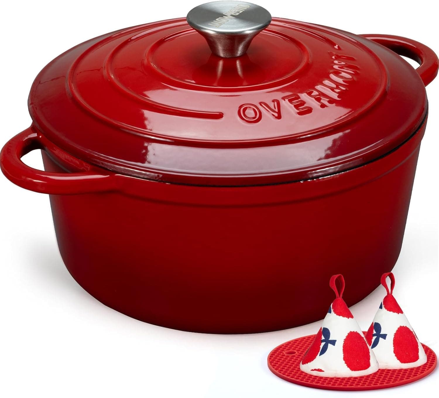 Overmont 26cm/5.2L Enamelled Cast Iron Round Casserole Dish With Lid,5.5QT, Cookbook -Non-stick Dutch Oven for Braising, Stews, Roasting, Bread Baking - Cherry red
