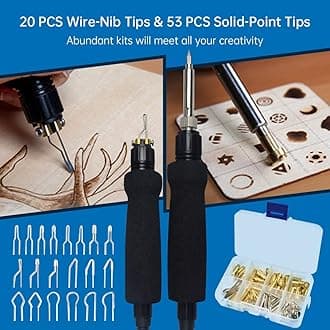 Goodcrafter Pyrography Pen 2-IN-1 Wood Burning Kit 101-IN-1,200~480°C (withTemp Display)/Wire-Nib 250~750°C Temp adjustable with 20 Nibs,53 Solid Points,12 Stencils and 15 Wood Chip(Mother's Day gift）