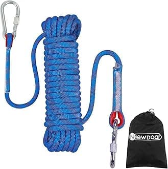 NewDoar Climbing Rope 8(5/16in),10mm (3/8in), High Strength Accessory Cord Rope with 2 Steel Hooks, for Outdoor Rescue Rappelling Rope Down Cliffs ledges Safety Escape Tow Strap Equipment(Blue)