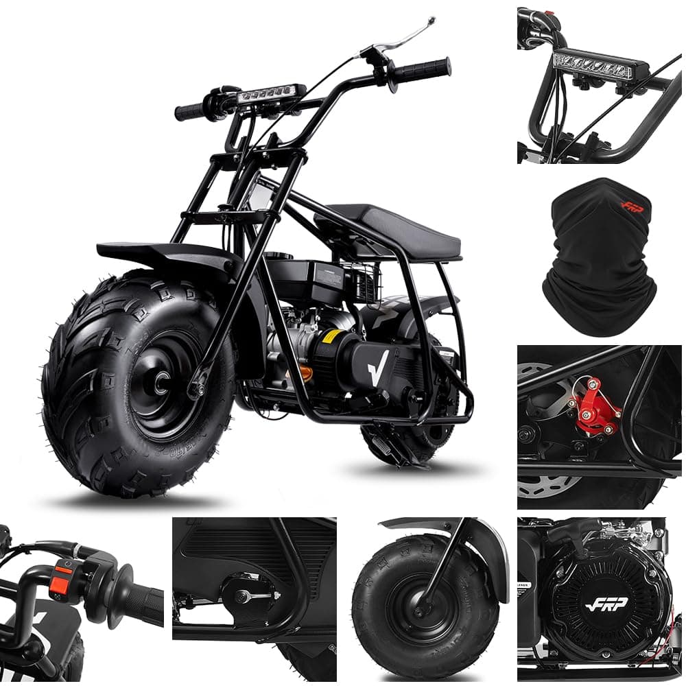 FRP GMB100 Mini Bike, 99 CC 4 Stroke Mini Bikes for Adults, 3 HP Gas Powered Mini Dirt Bike, Off Road Motorcycle with LED Headlight and Neck Gaiter, Up to 24 Mph, Weight Support Up to 185 LBS (Black)