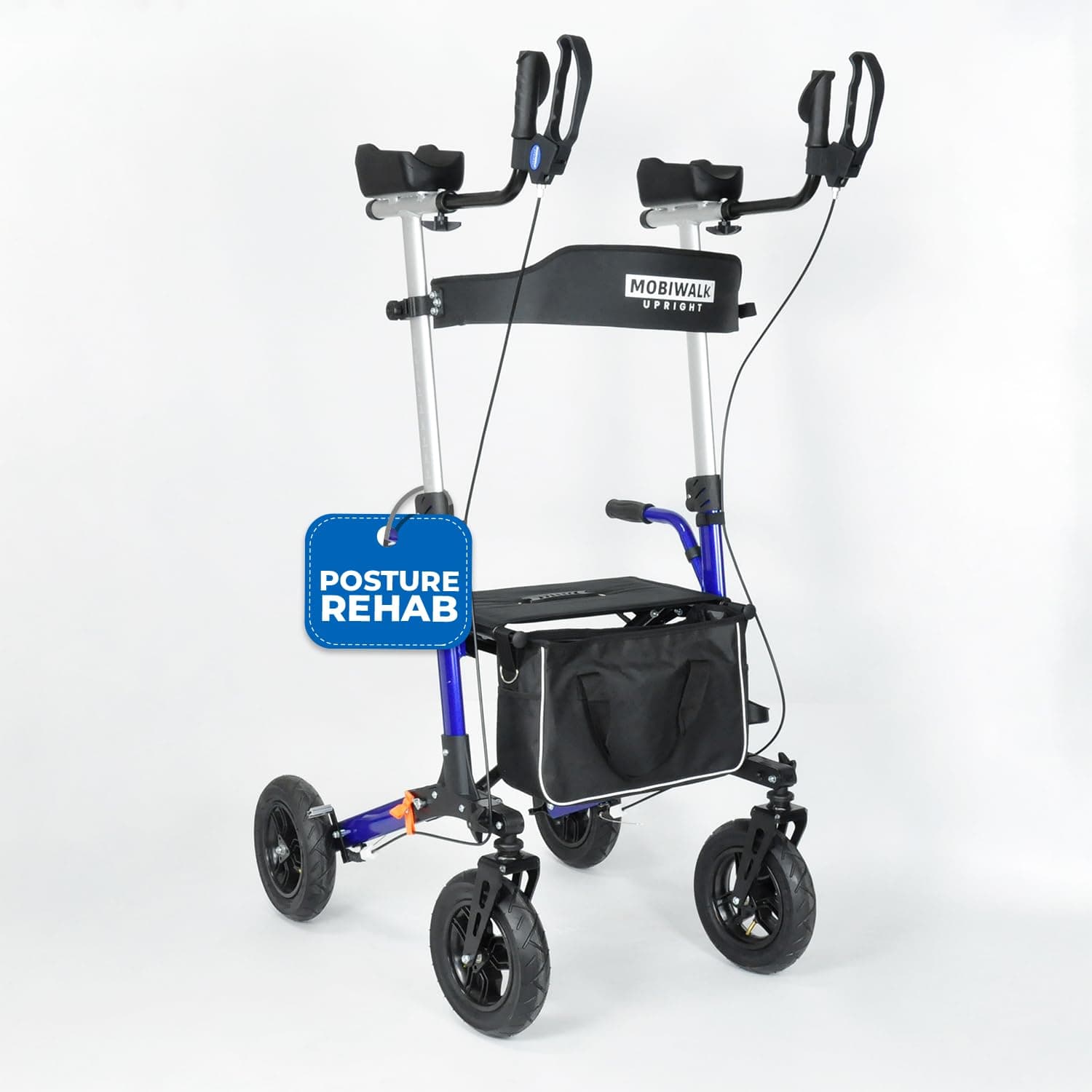 MobiWalk® Upright Walker | 4 Wheeled Arthritis Rollator Outdoor Walker | Tall Standing Rollator with Seat & Forearm Support & Pneumatic Wheels | Improves Posture | Bio-Lec Mobility (Blue)