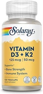 SOLARAY Vitamin D3 K2 - Bone Health and Immune Support Supplement - With 5000 IU Vitamin D as Vit D3 and 50 mcg Vitamin K2 as Menoquinone MK7, Made Without Soy, 60-Day Guarantee, 120 Serv, 120 VegCaps