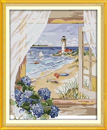 Cross Stitch Stamped Kit Quilt Pre-Printed Cross-Stitching Patterns for Beginner Kids & Adults– Embroidery Needlepoint Starter Kits,Sea View Outside The Window