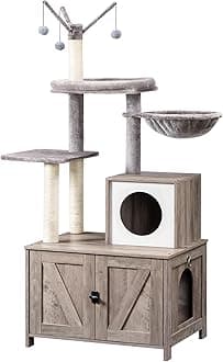 HOOBRO Cat Tree Tower with Litter Box Enclosure Indoor, Wooden Cat Condo with Scratching Posts, Litter Box Furniture Hidden, All-in-One Cat House, Greige BG15MZ03