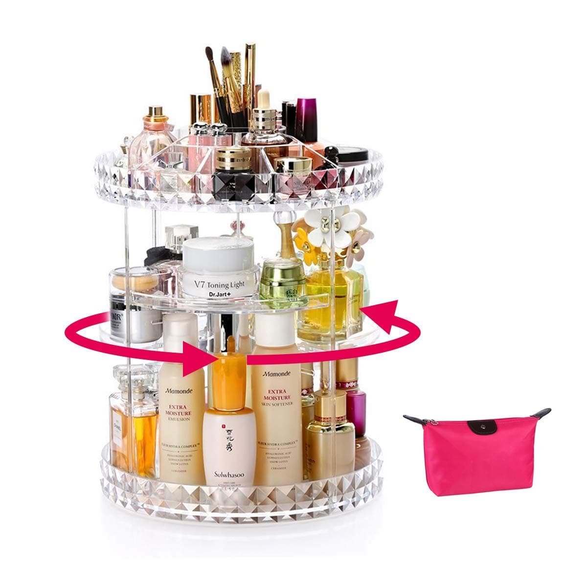 Mapletina Makeup Organizer 360 Degree Rotating Acrylic Organizer, Adjustable Makeup Storage with Cosmetic Bag,6 Layers Large Capacity Multifunction Cosmetic Storage Display Case