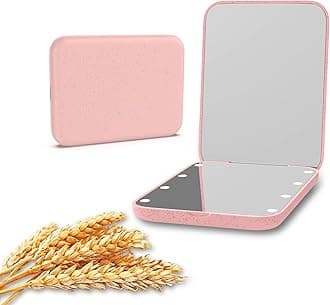 Kintion Wheat Straw Mirror, 1X/3X Magnification Pocket Mirror, Plastic Fiber, Handheld Folding Purse Mirrors, Small Lighted Compact Mirror for Gift, Pink