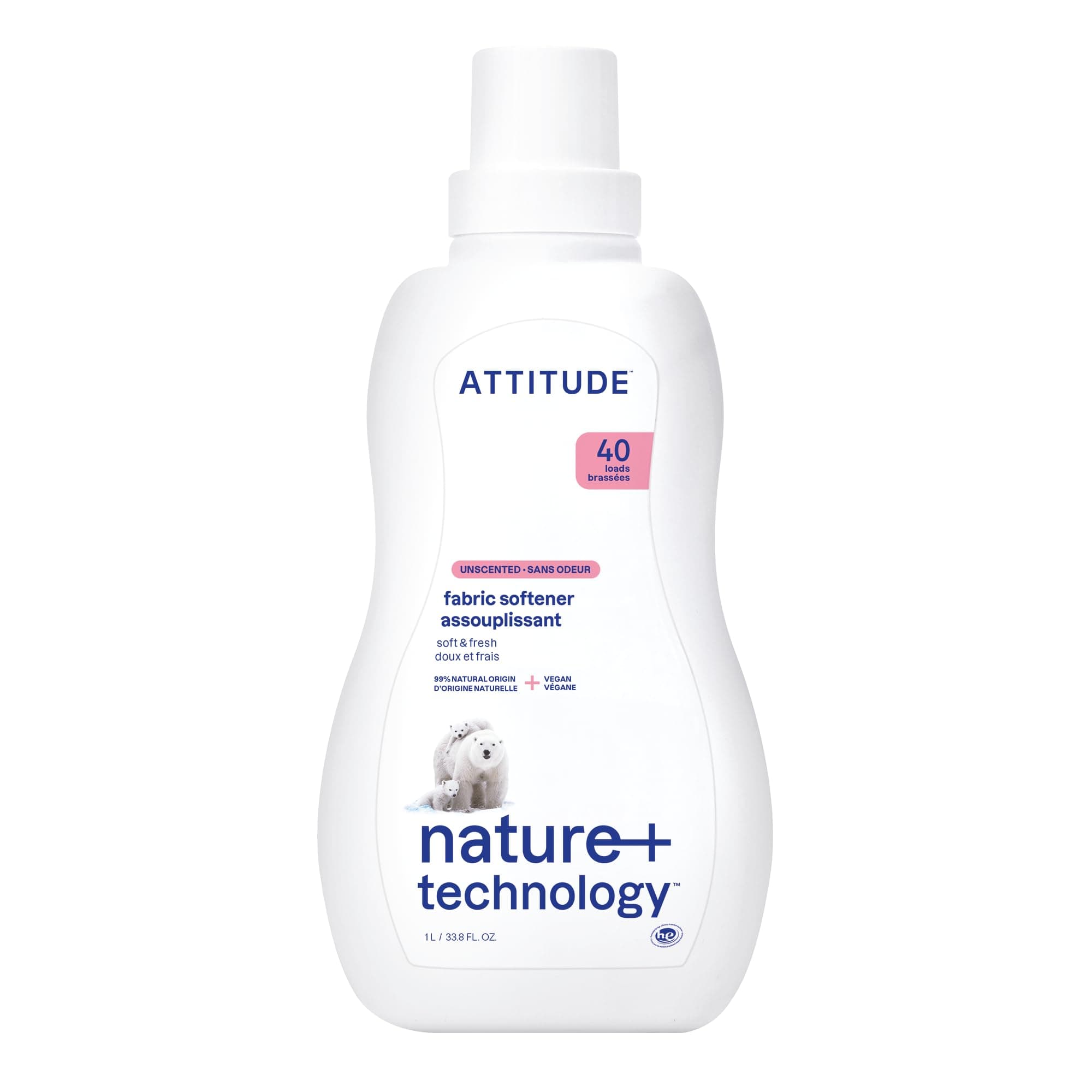 ATTITUDE Liquid Fabric Softener, Plant-Based & Vegan, HE Compatible, Naturally Derived, Unscented, 40 Loads, 1 Liter