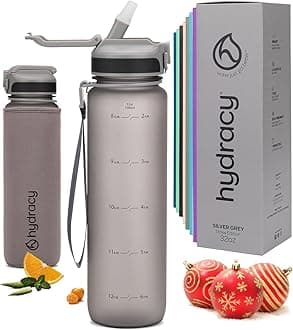 Hydracy Water Bottle with Times to Drink & Straw - Large 32 Oz BPA Free Motivational Water Bottle & No Sweat Sleeve -Leak Proof Gym Bottle with Time Marker - Ideal for Fitness, Sports & Outdoors