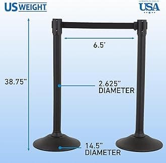 US Weight Sentry Stanchion with Retractable Belt, Easy Connect Assembly, Black, 6.5' Chevron Safety Belt (2 Pack)