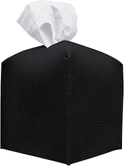 carrotez Tissue Box Cover, [Refined] Modern PU Leather Square Tissue Box Holder - Decorative Holder/Organizer for Bathroom Vanity Countertop, Night Stands, Office Desk & Car 5X5X5 - Black