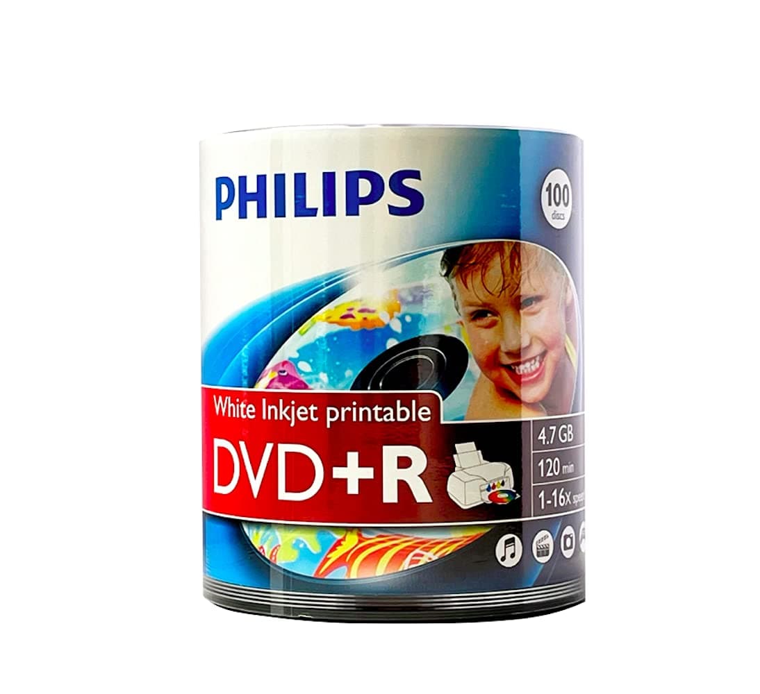 PHILIPSDVD+R White Inkjet Hub Printable Discs with 16x Recording Speed and 4.7GB of Data in Bulk Eco Spindle (100-Pack - DR416U00F)