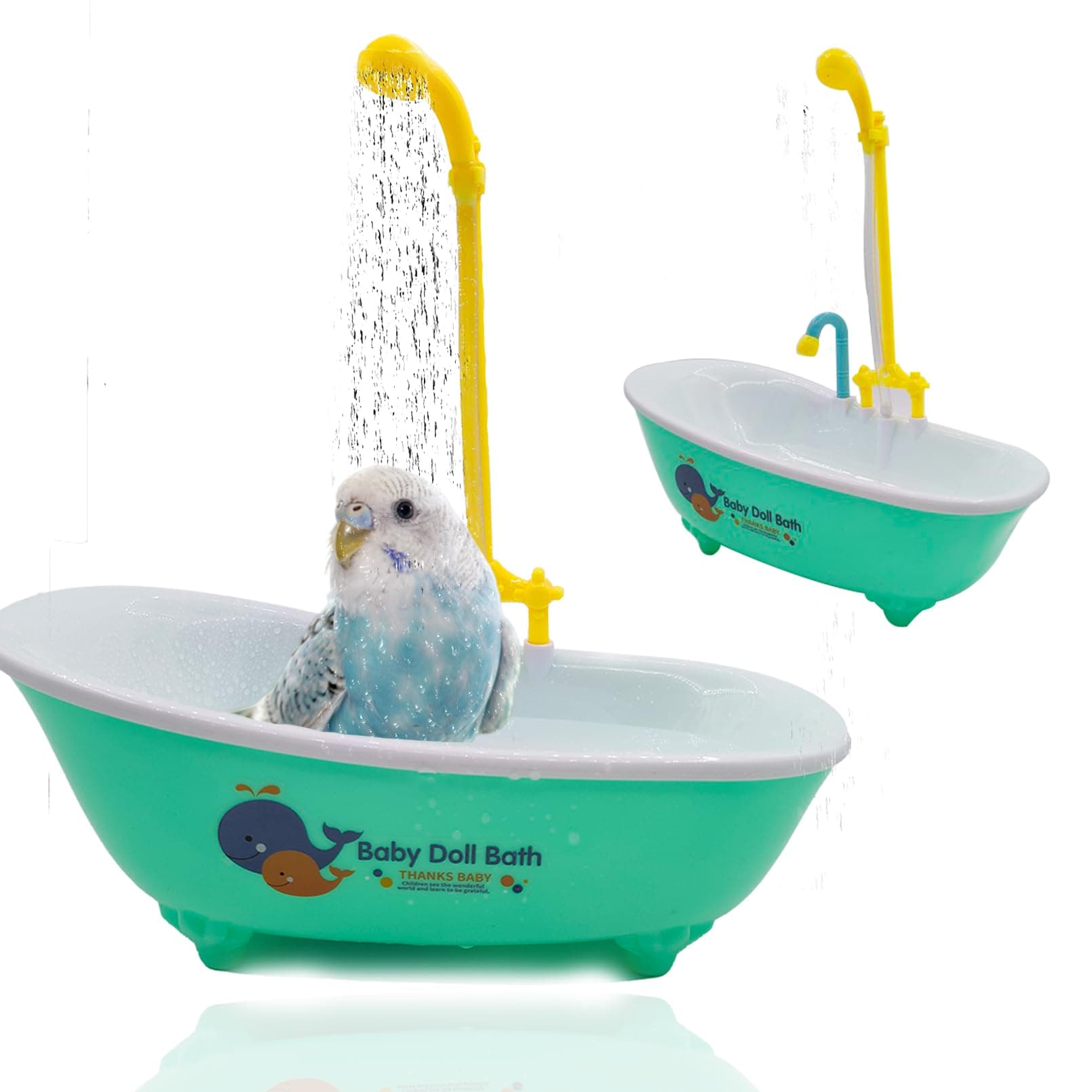 Parrot Automatic Bathtub with Shower, Cute Durable Bird Bath Shower Tub Birds Bath Fountain for Small Medium Parrots Cockatiel Parakeets Conures Lovebirds(Green 10.2 x 4.0 x 11.02Inch)