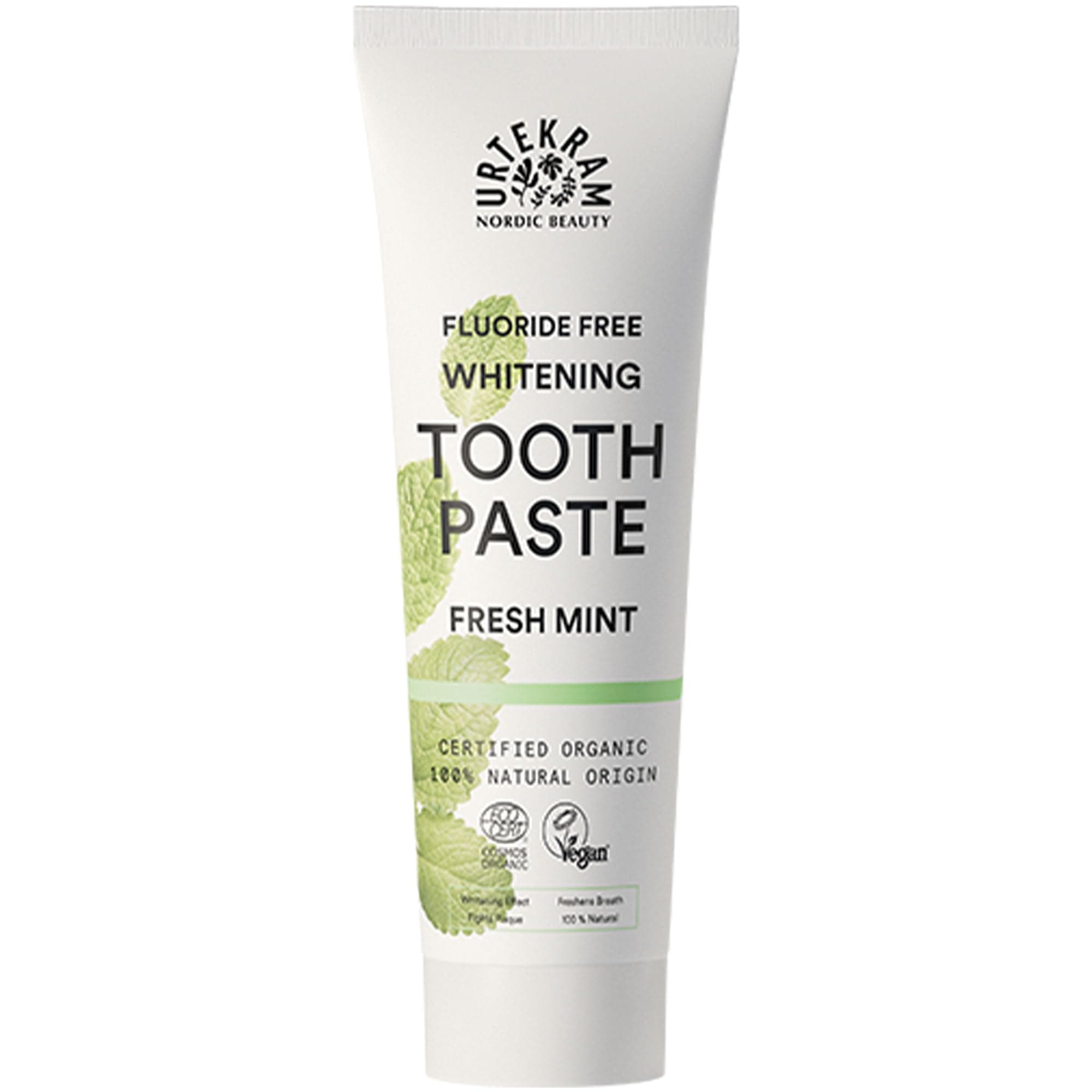 Urtekram Fluoride-Free Fresh Mint Whitening Toothpaste 75ml | 100% Organic & Vegan Natural Toothpaste | Gentle Whitening, Fresh Breath & Effective Oral Care | No SLS, No Artificial Additives