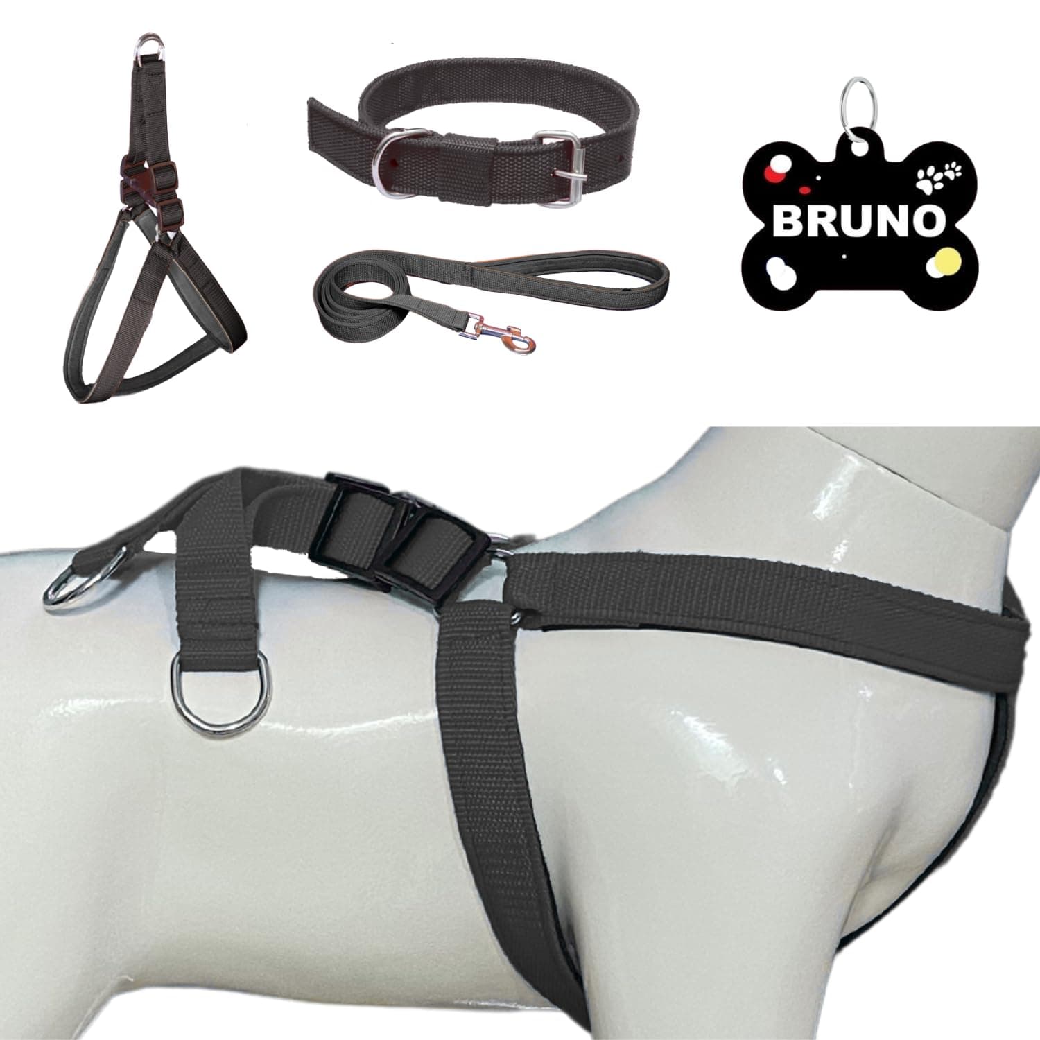 Dog Harness Collar Leash with Name ID Tag | Harness for Medium Dogs, Soft Padded, Adjustable | for 14-23 Kg Pet (M, Black)