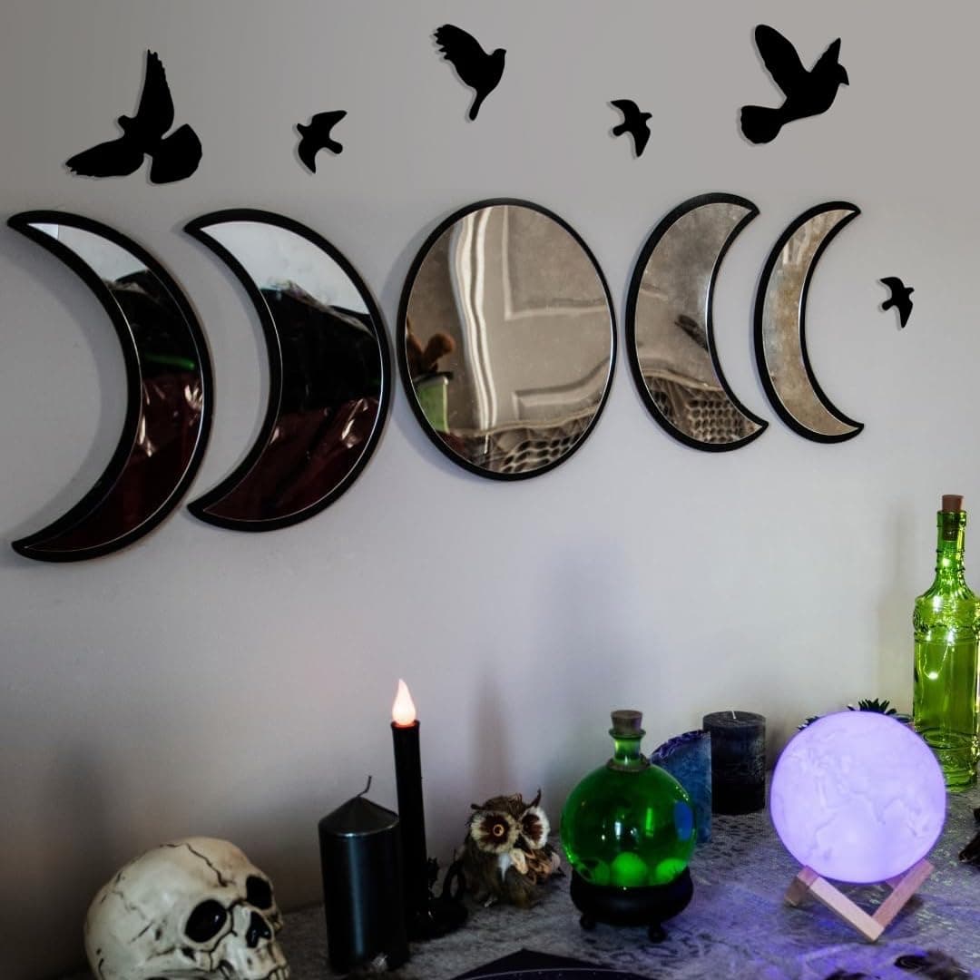 NESHE Moon Phase Mirror Set | 5pcs Scandinavian Natural Home Boho Wall Decor | Aesthetic Witchy Bohemian Indoor Gothic Art Decorations for Living Room Bedroom Apartment Farmhouse Acrylic (Black)