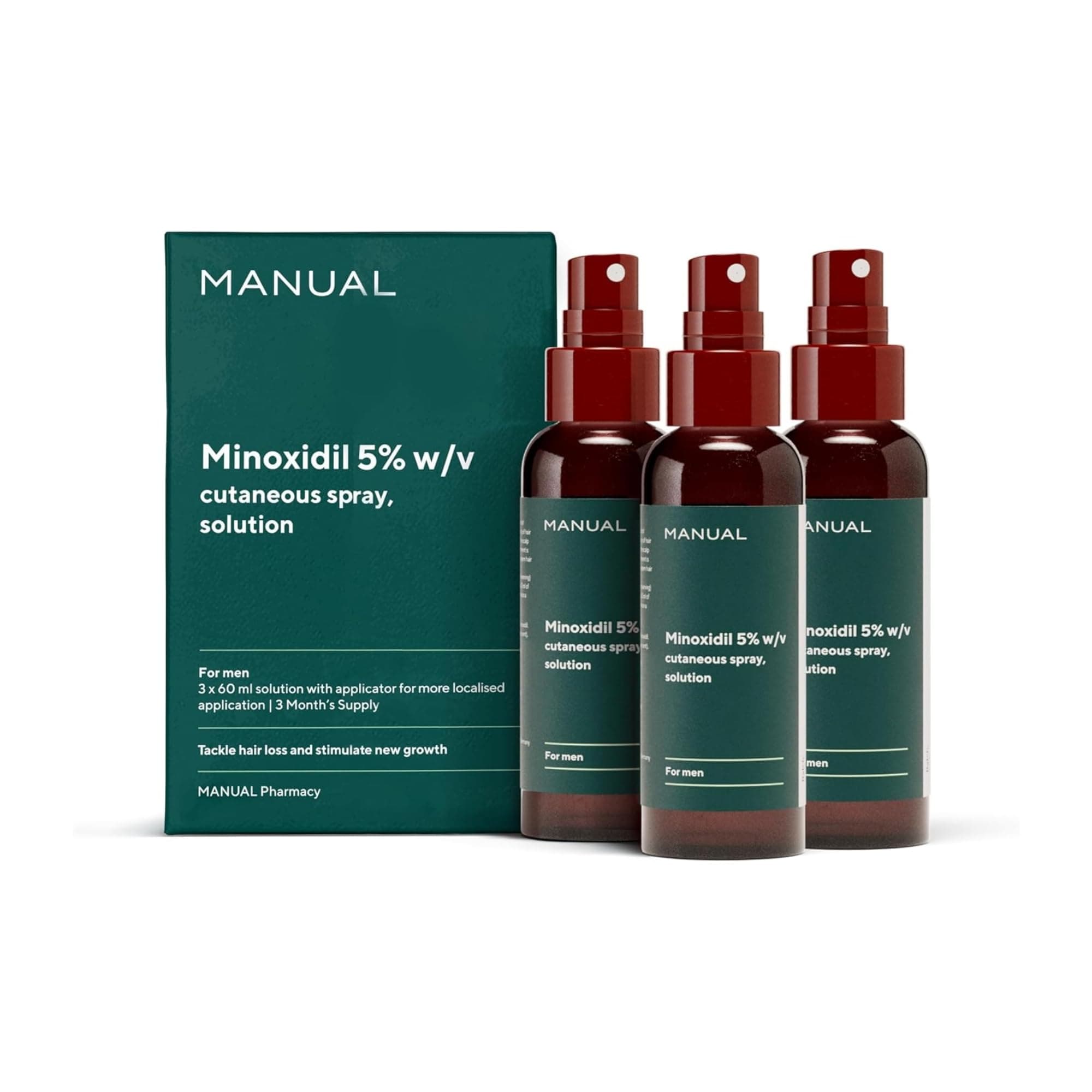 Manual 5% Minoxidil (3 x 60ml) Formula For Men - Increases Blood Flow To Follicles - Promotes Growth for Longer, Thicker Hair - Stimulates Hair Regrowth - Easy To Apply Spray - 3 Month Supply