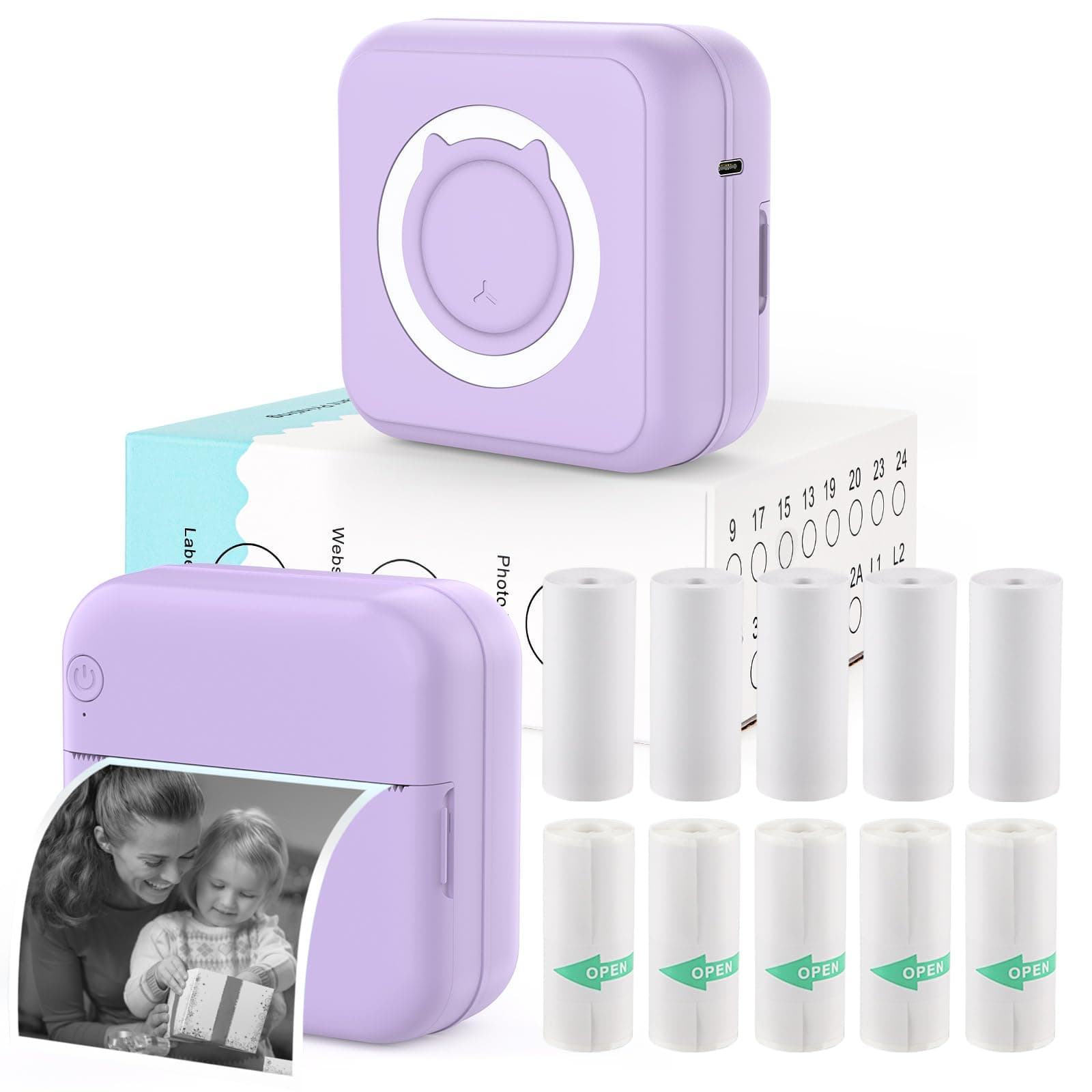 Mini Photo Printer - Portable Pocket Sticker Printers for iPhone Thermal Printer with 10 Rolls Thermal Paper for Photo, Memo, Journal - Purple