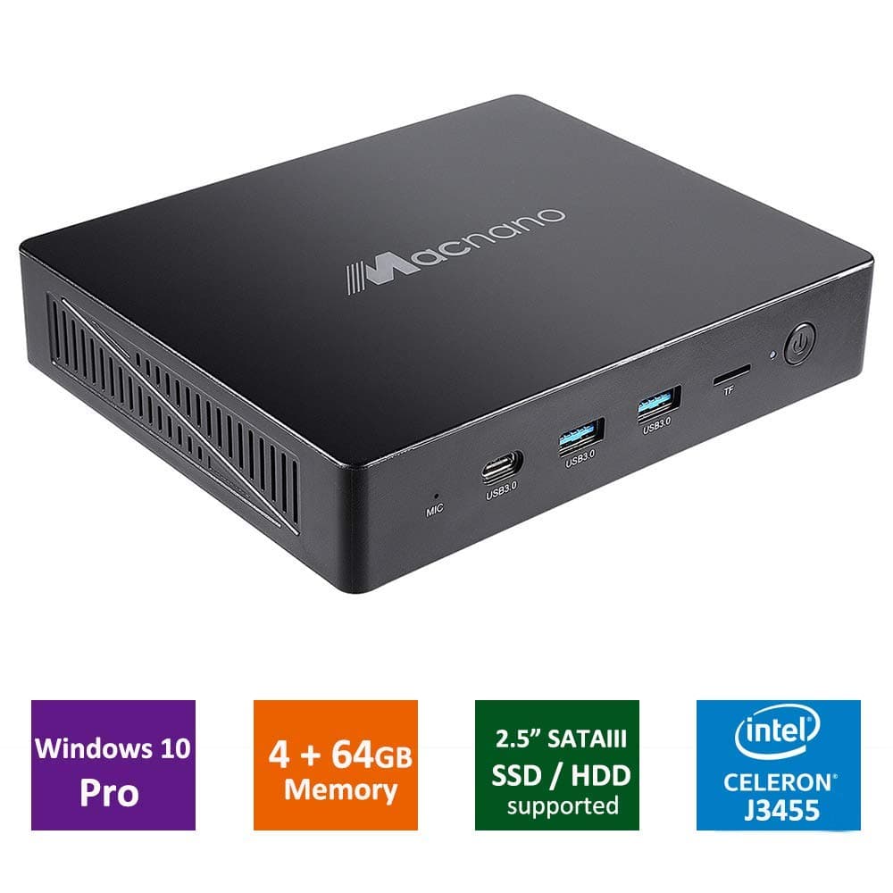 AWOW Mini PC, Intel Celeron J3455 /4GB DDR3 /64GB/ SATA III SSD HDD M.2 SSD Support/Dual Band Wi-Fi/Gigabit Ethernet/4K@30Hz Windows 10 Pro Fanless Desktop Computer