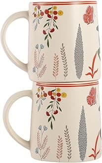 miah decor Ceramic Matte Printed Tea Coffee Mug Set of 2 Floral Design Drinkware Microwave Safe Stoneware Cups for Home & Restaurant-300 ml-White Red