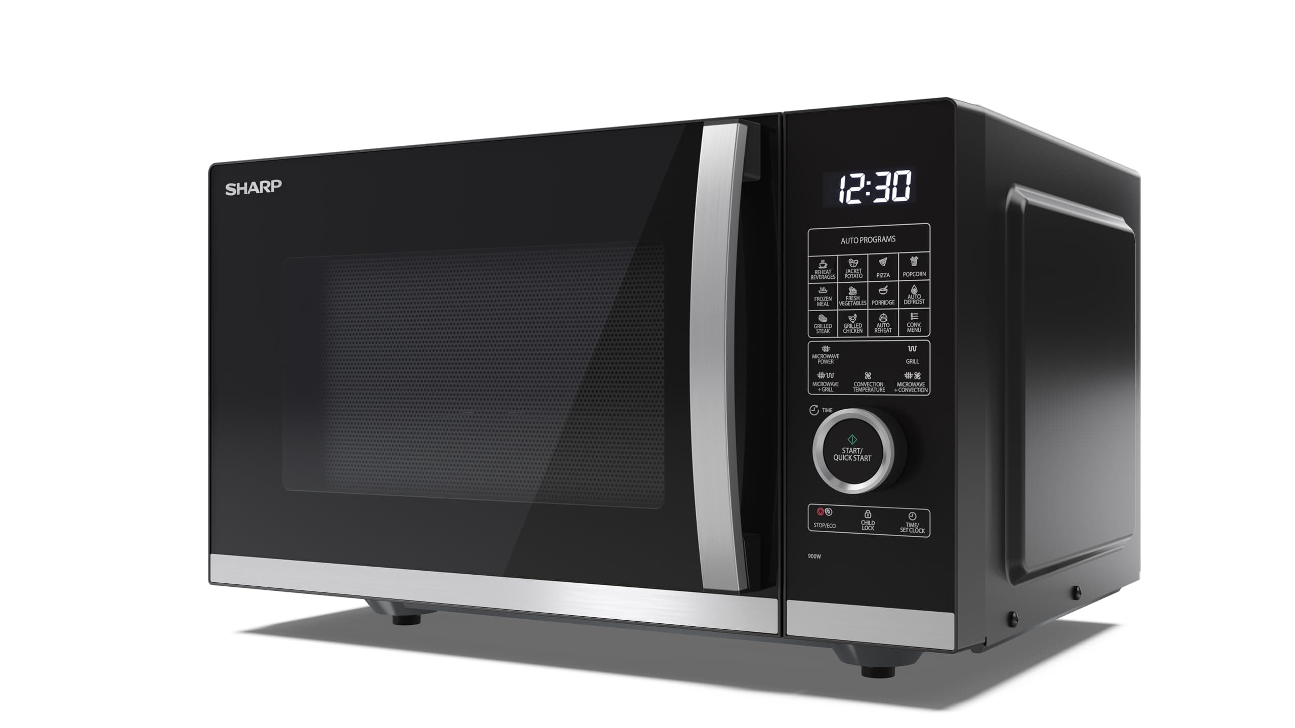 SHARP YC-QC254AU-B 25 Litre 900W Digital FLATBED Combination Microwave Oven with 1050W Grill, 10 power levels, ECO Mode, defrost function, LED cavity light - Black