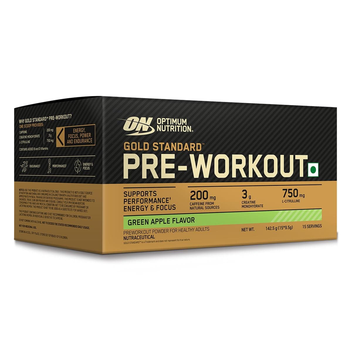 - (ON) Gold Standard Pre-Workout- 142.5g/15 single serve packs (Green Apple Flavor), For Energy, Focus, Power, Endurance & Performance