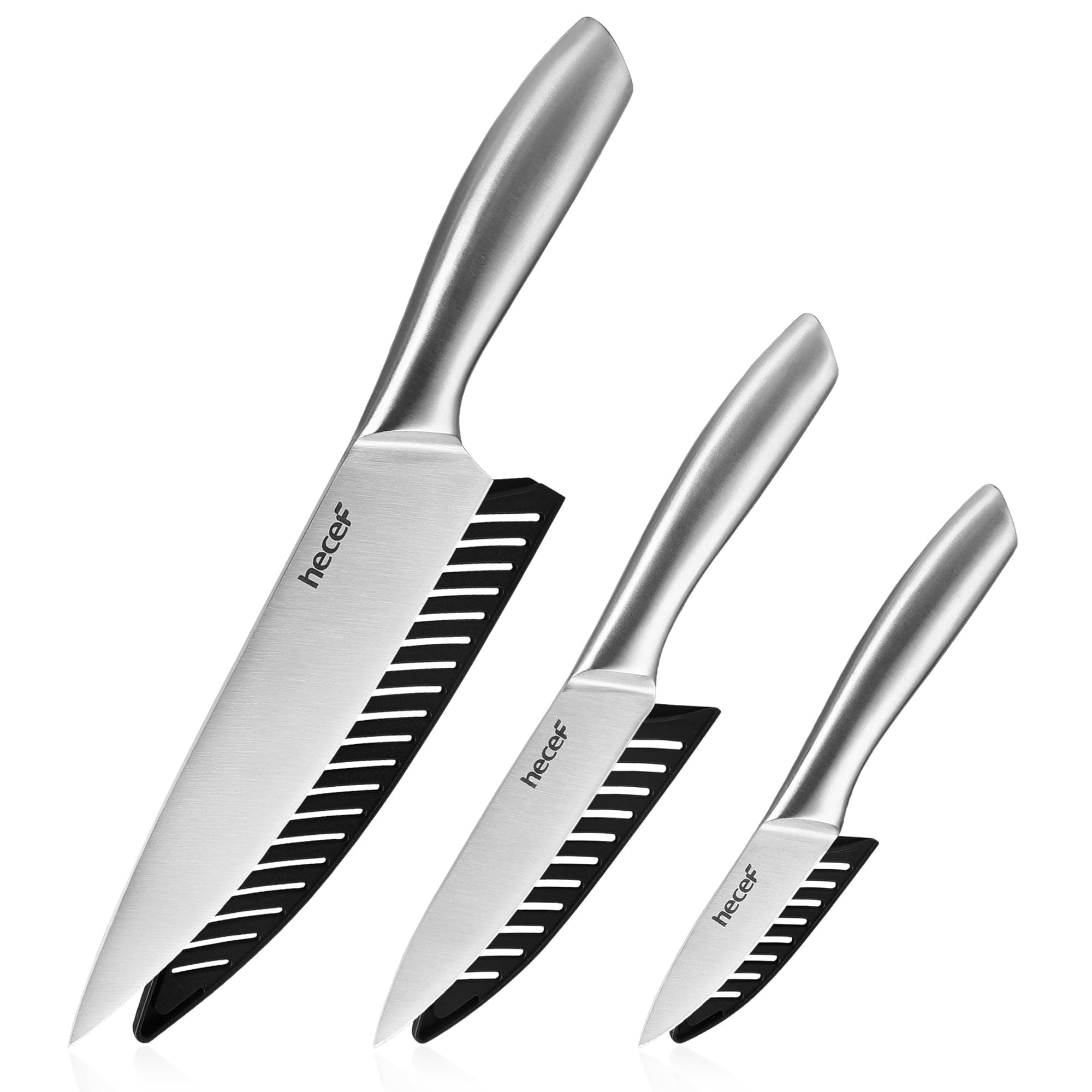 hecef Kitchen Knife Set of 3, Sharp Knives with Stainless Steel Blade & Hollow Handle, Chef Knife Set with Protective Blade Covers|Silver