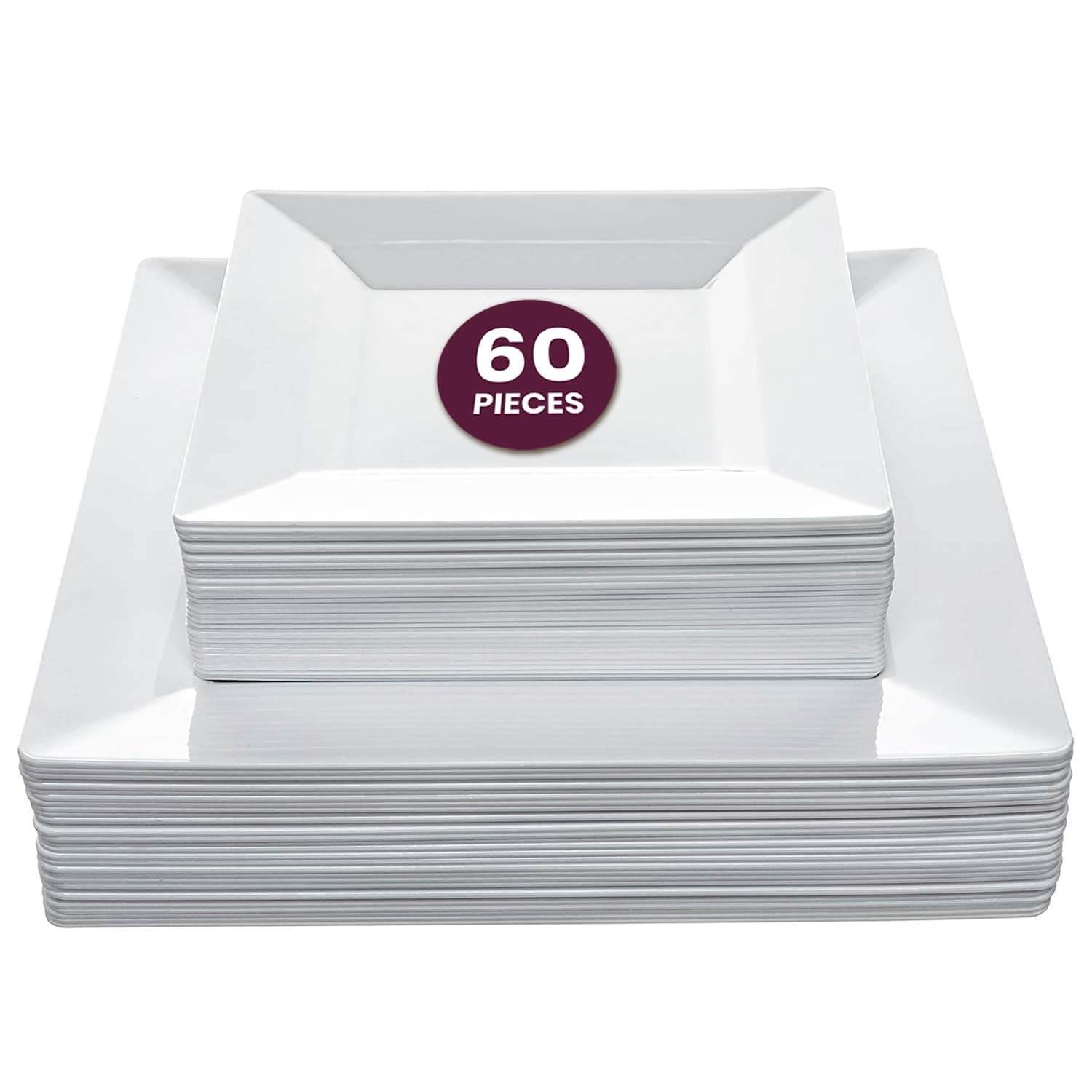 Aya's 60ct Square Plastic Disposable Plates, White - 9.5-Inch 30 Dinner and 6.5-Inch 30 Salad Plates for Party - Heavy-Duty Hard Plastic Design for Wedding, Event, Christmas, and Thanksgiving