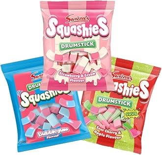 Squashie Drumstick Candy Variety Pack – 3-Pack Deal (120g Each) – Bubblegum, Sour Cherry & Apple, Strawberry & Cream – Imported from the UK