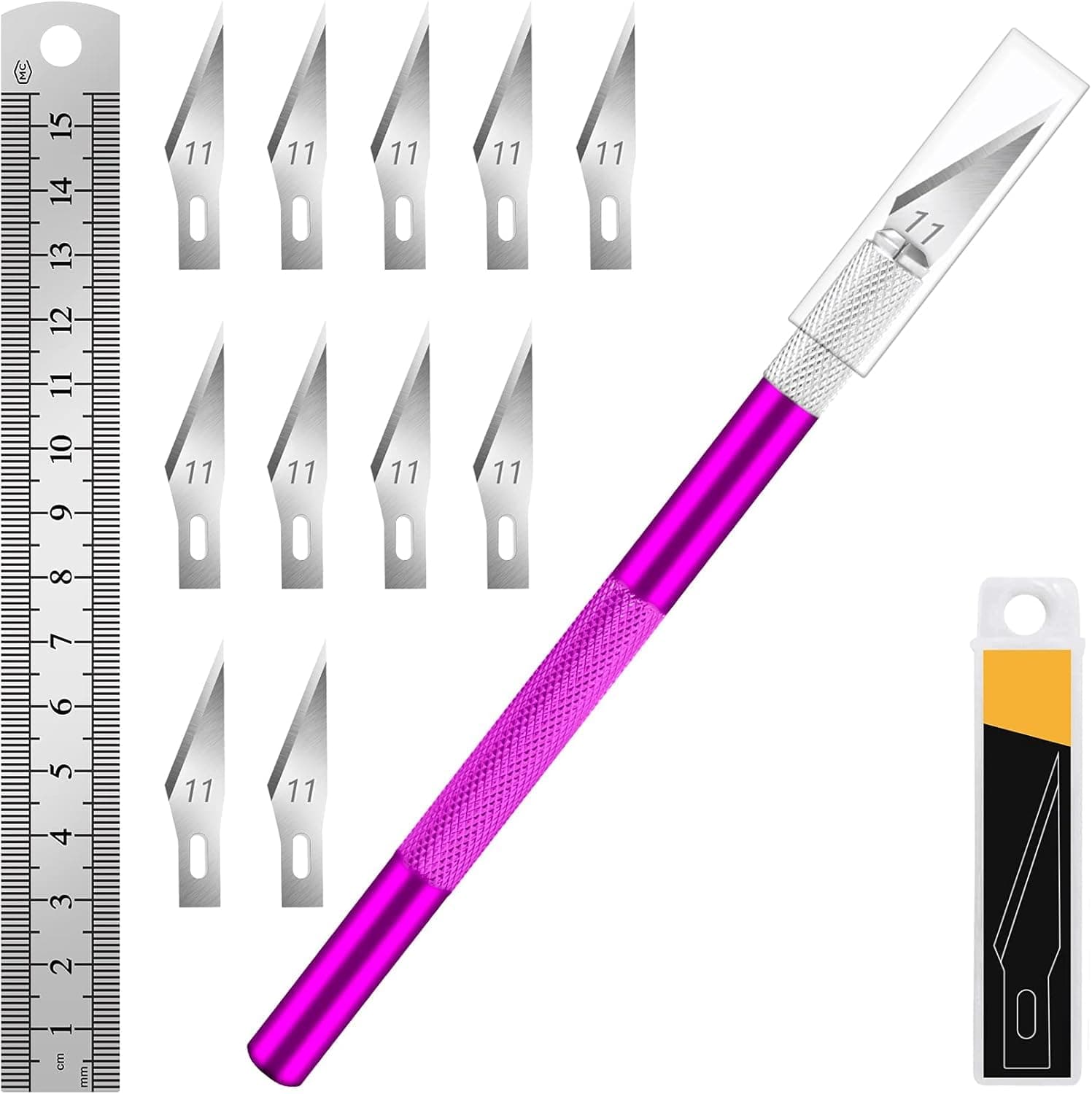 DIYSELF 1 Pcs Craft Knife Hobby Knife with 11 Pcs Stainless Steel Blades Kit, 1pcs Steel 15MM Ruler for Art, Scrapbooking, Stencil(Purple)