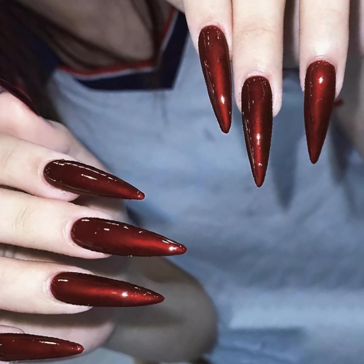 Stiletto Press on Nails Extra Long Fake Nails with Glue Glossy False Nails with Red Designs Full Cover Almond Acrylic Nail 24 pcs