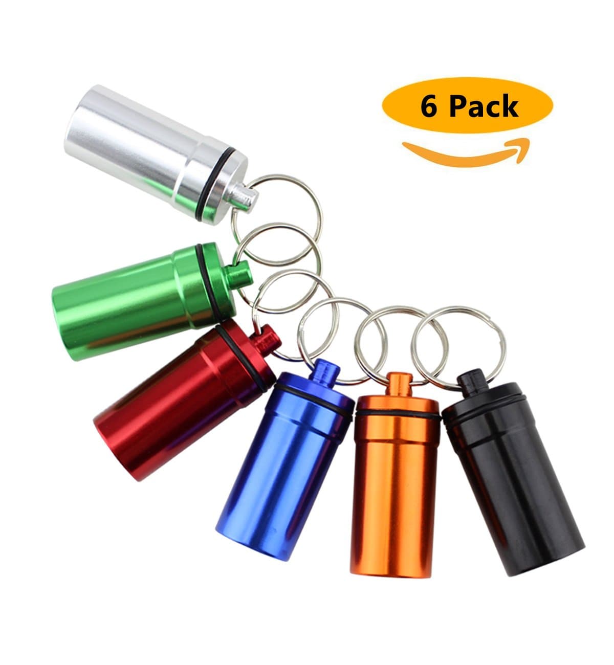 Hilarocky 6pcs Waterproof Aluminum Pill Box Case Box Set Bottle Cache Drug Water Resistant Holder Keychain Outdoor Medical Alert First Aid Container