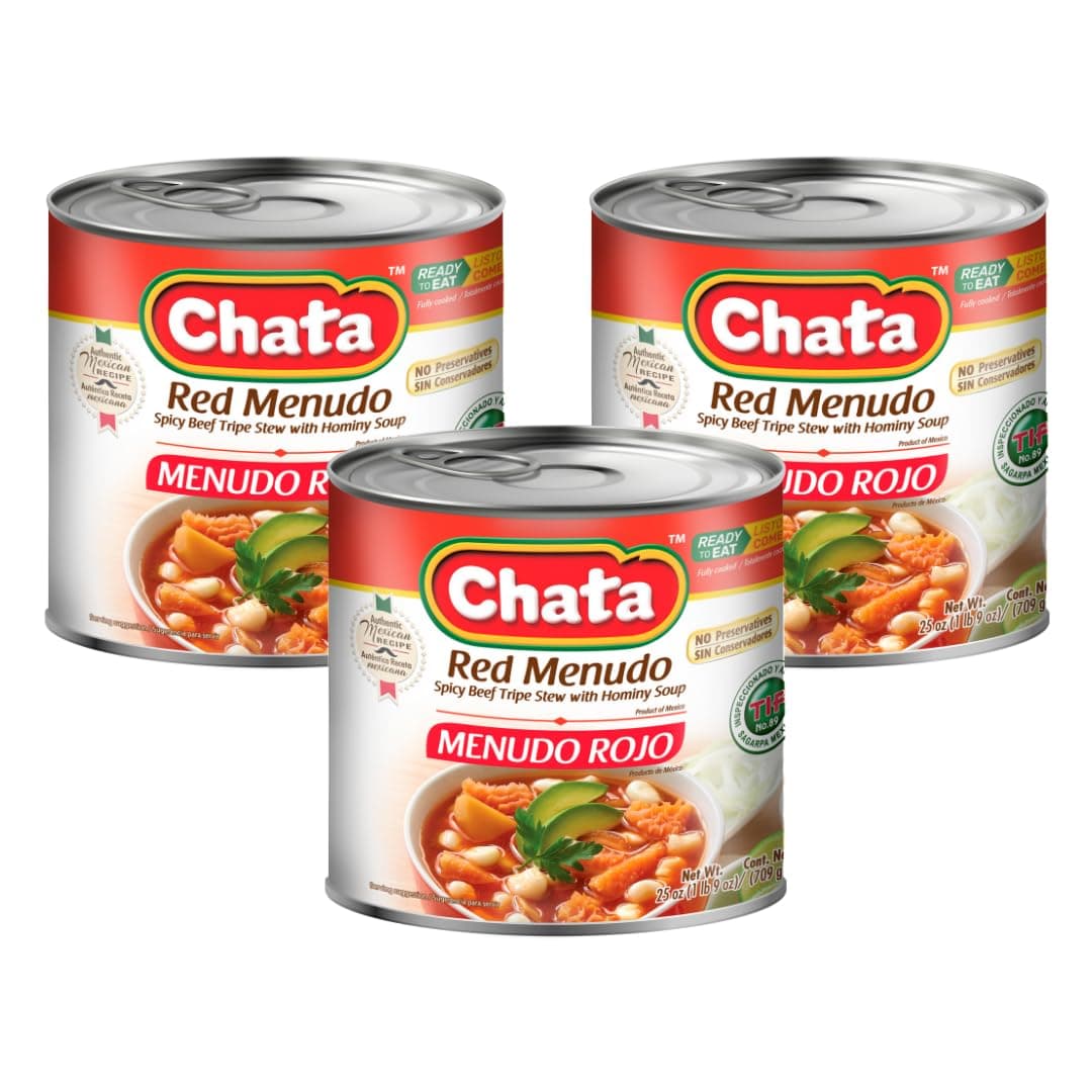 Chata Red Menudo, Beef beef belly Stew with Hominy Corn, 25 oz Can, Pack of 3