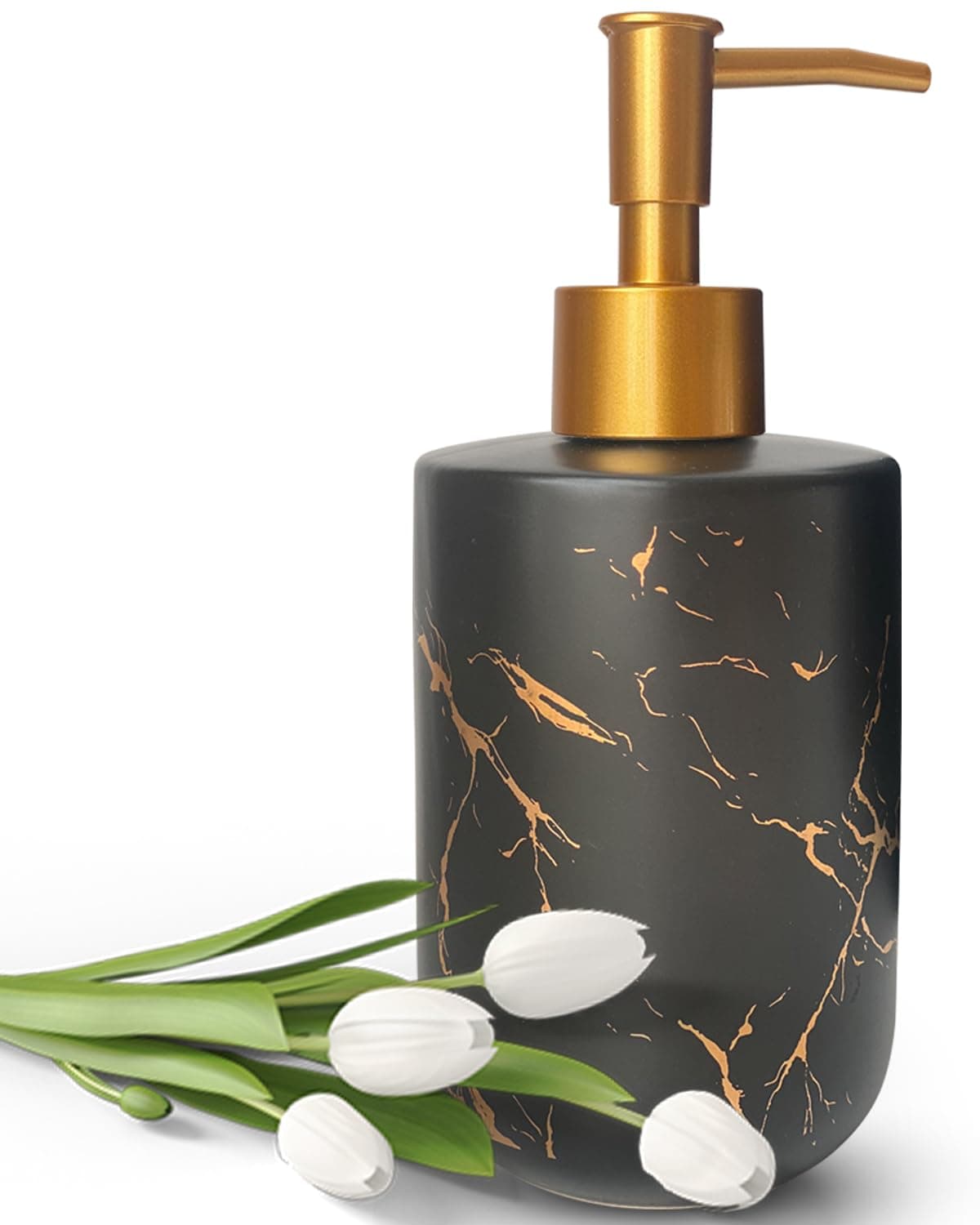 Gold Ceramic Soap Dispenser for Bathroom Black Soap Dispenser for Kitchen Dish Soap Dispenser with Marble Pattern Liquid Hand Soap Dispenser Pump Bottle (Black)