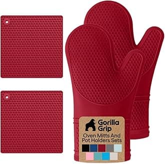 GORILLA GRIP BPA-Free Soft Silicone Oven Mitts and Pot Holders Sets of 4, Heat Resistant Waterproof Cooking Gloves, Thick Cotton Lining, Flexible Gripping for Baking Grilling, Kitchen Trivets, Red