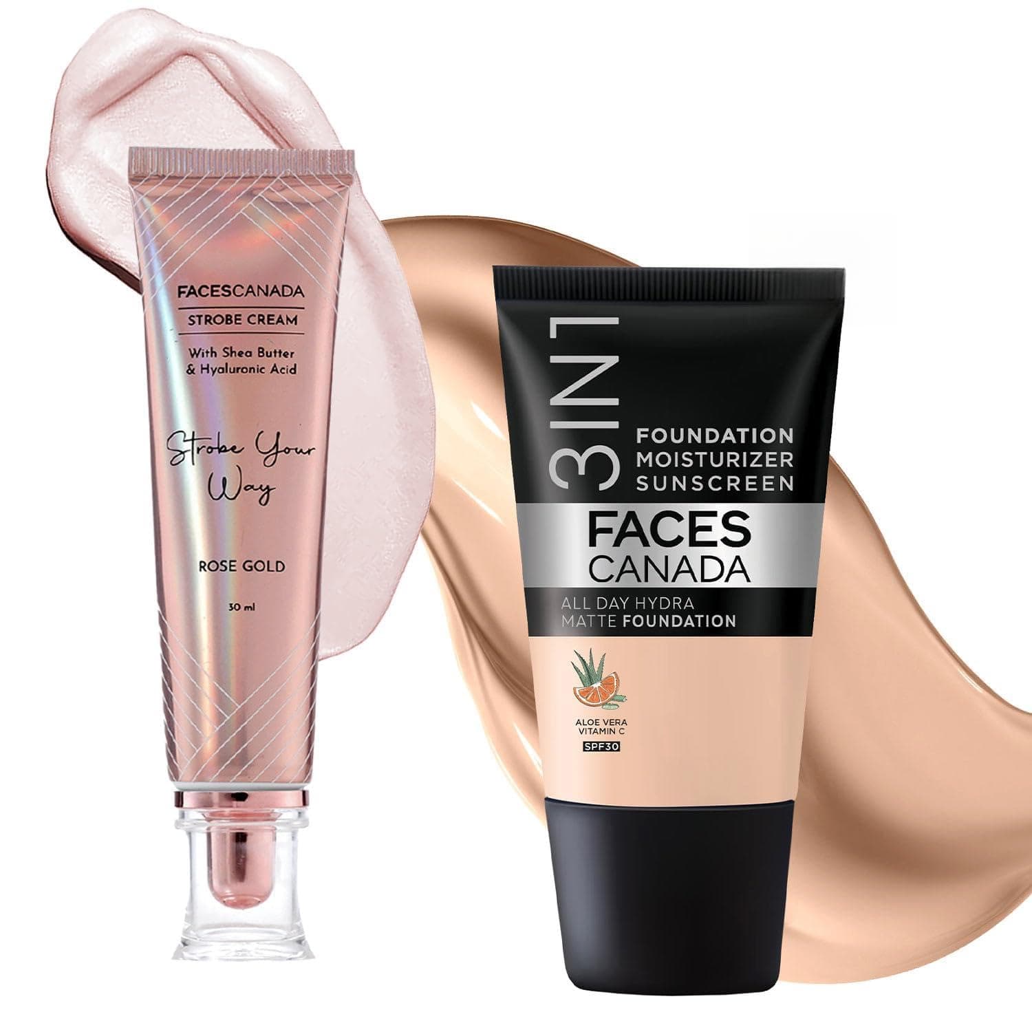 FACESCANADA Rose Glow Kit | Rose Gold Strobe Cream (30ml) + Warm Natural All Day Hydra Matte Mini Foundation (18ml) | Makeup Kit For Women (Combo Pack of 2)